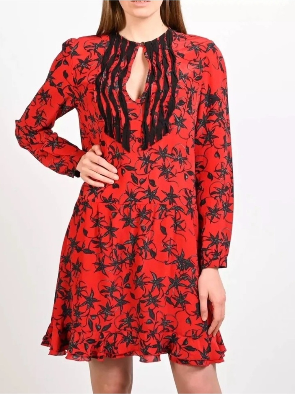 Zadig & Voltaire Red Black 100% Silk Long Sleeve V-Neck Ruffle Remus Print Dress